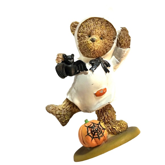 Vintage Halloween whimsical spring bobble body bear in ghost costume bat pumpkin - Picture 1 of 6